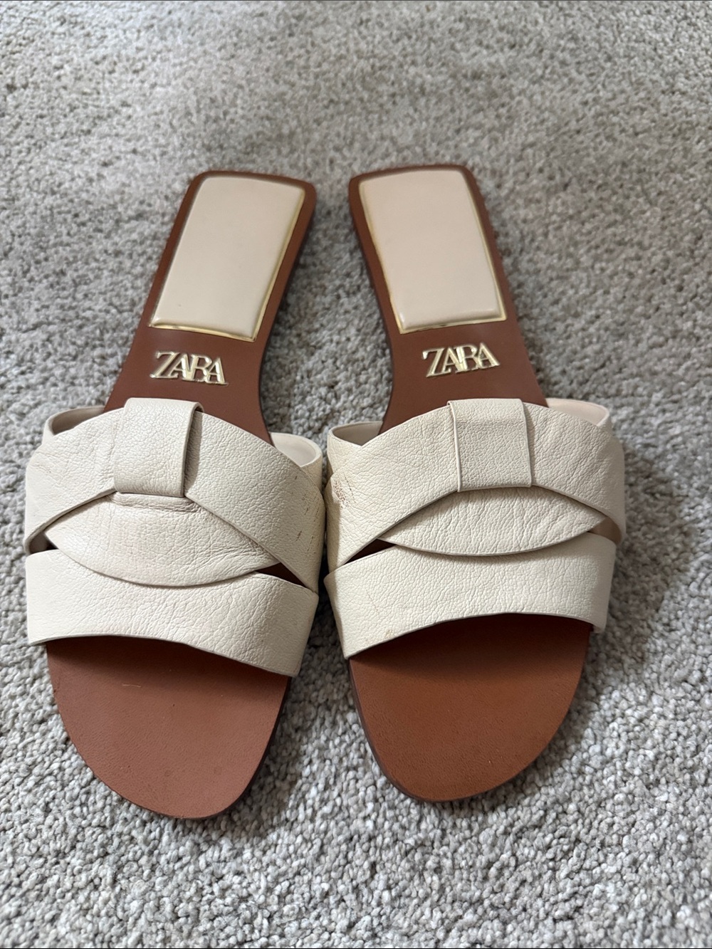 ZARA Cream Braided Leather Slide Sandals - Women